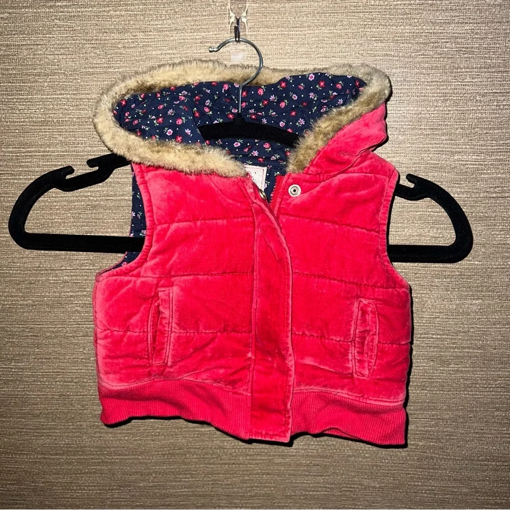 Vintage OshKosh Hooded Red Velvet Jacket Vest Youth Girls 18 months Floral Lined